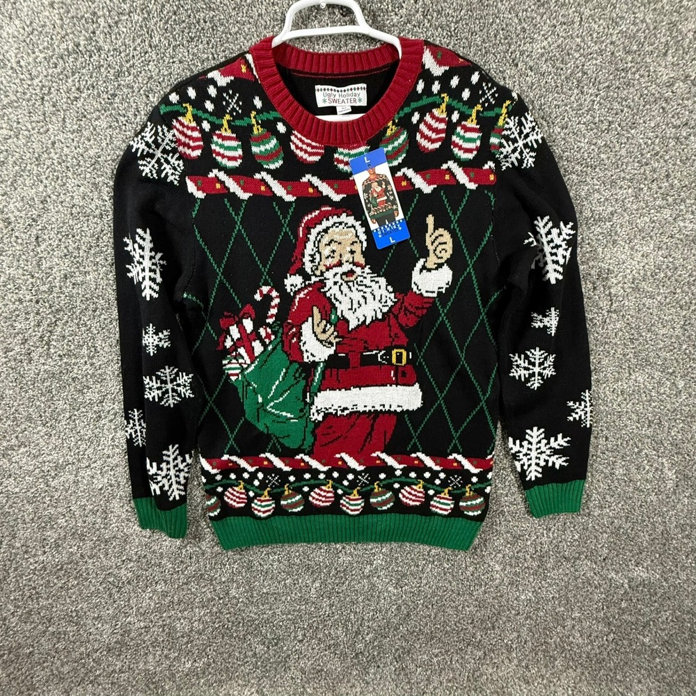 Ugly Holiday Sweater Mens Large Santa Claus Argyle Christmas Knit Sweater NWT